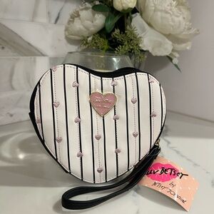 Betsey Johnson Heart-Shaped Clutch with Pink and Black Stripes